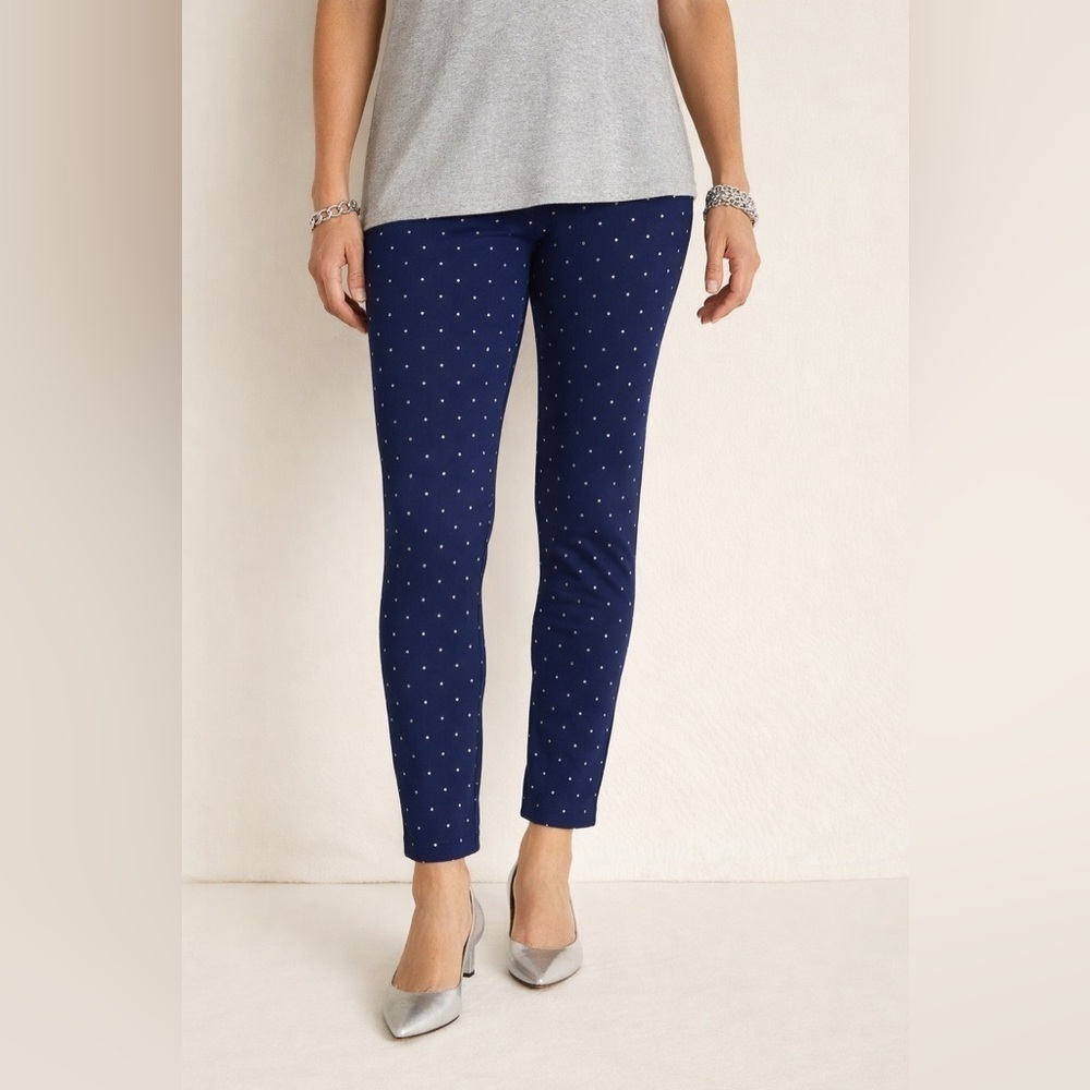 Chicos Womens Navy Blue Foiled Dot Ponte Legging Sz 2 12 Pull On Metallic Silver